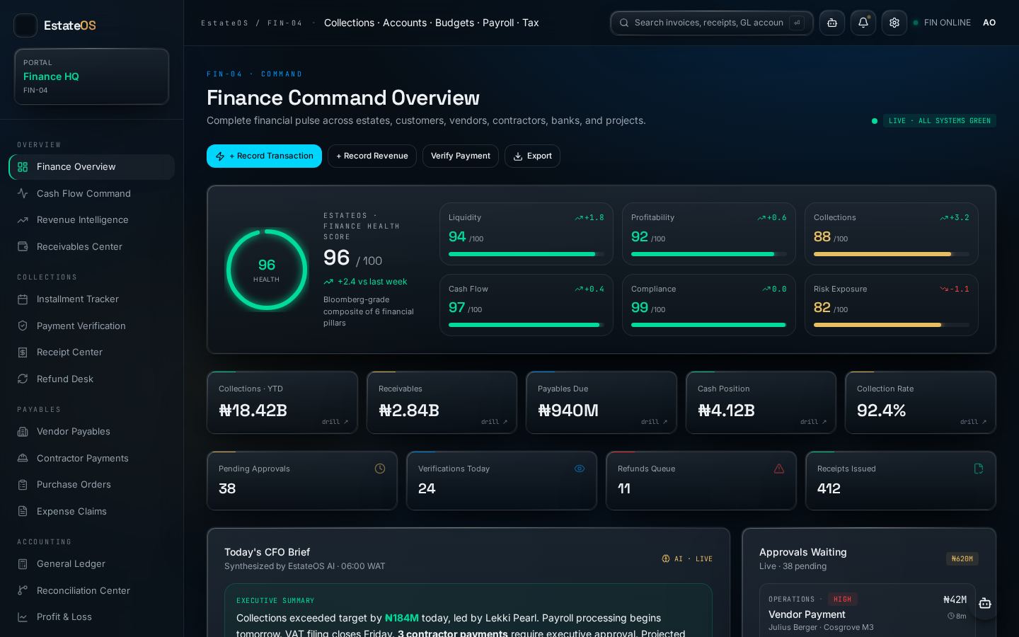 Finance Command screen in Real Estate HQ